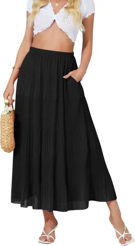 NASHALYLY Women's High Waisted Maxi Skirt,Elastic Chiffon Boho Long Skirt with Pockets