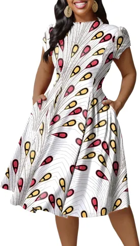 Runwind Plus Size Dresses for Curvy Women Fit and Flared Dress Casual Wedding Guest Crew Neck Short Sleeve A-Line Dress