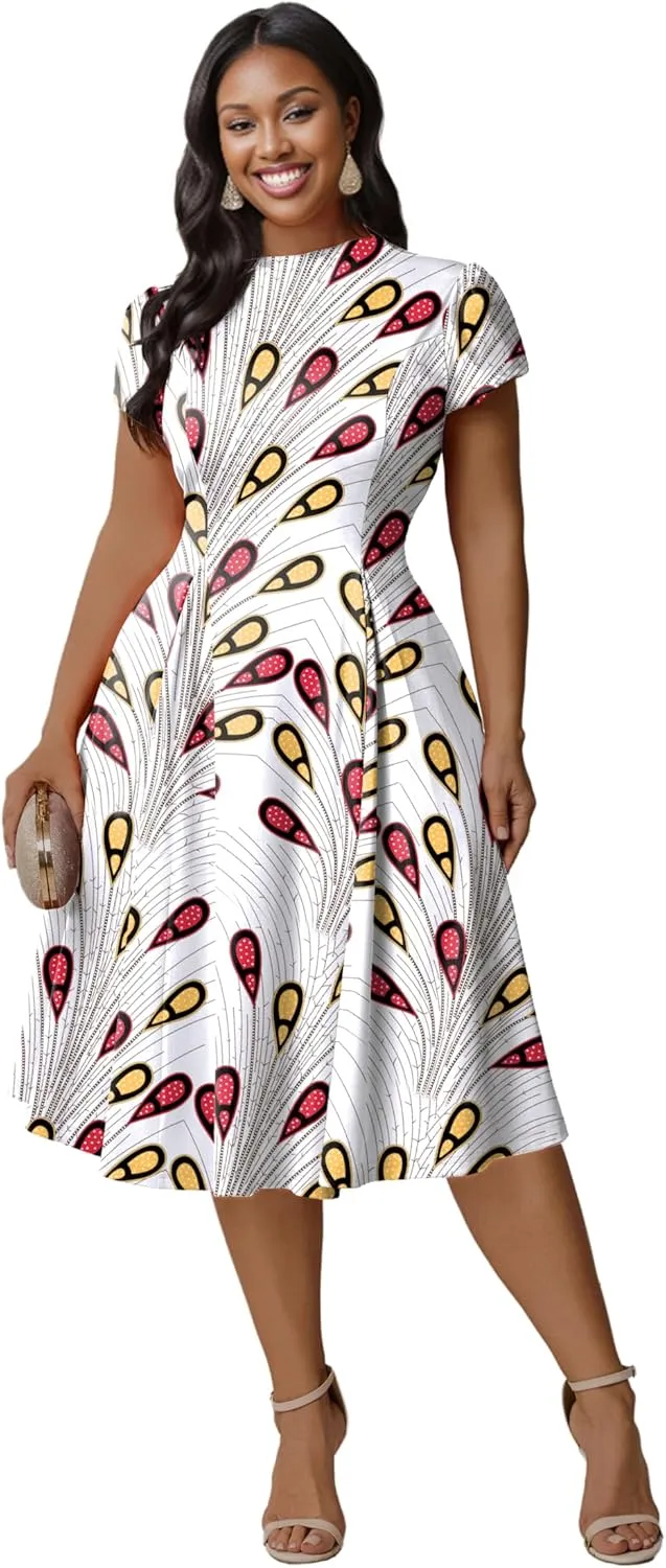 Runwind Plus Size Dresses for Curvy Women Fit and Flared Dress Casual Wedding Guest Crew Neck Short Sleeve A-Line Dress