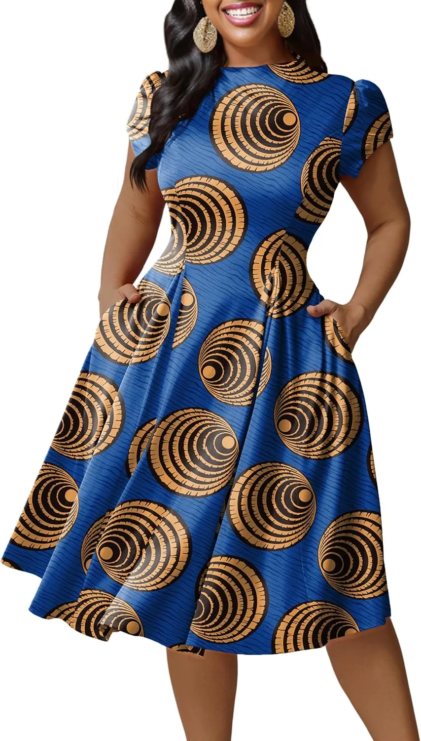 Runwind Plus Size Dresses for Curvy Women Fit and Flared Dress Casual Wedding Guest Crew Neck Short Sleeve A-Line Dress