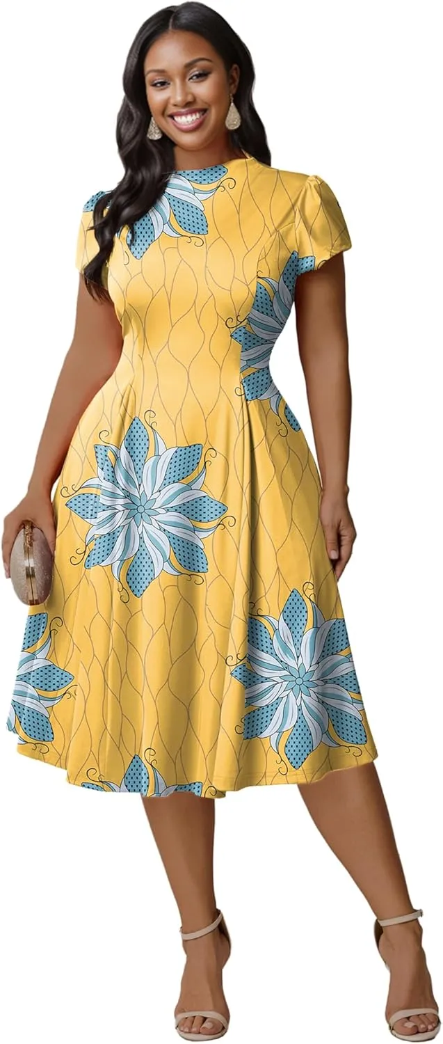 Runwind Plus Size Dresses for Curvy Women Fit and Flared Dress Casual Wedding Guest Crew Neck Short Sleeve A-Line Dress