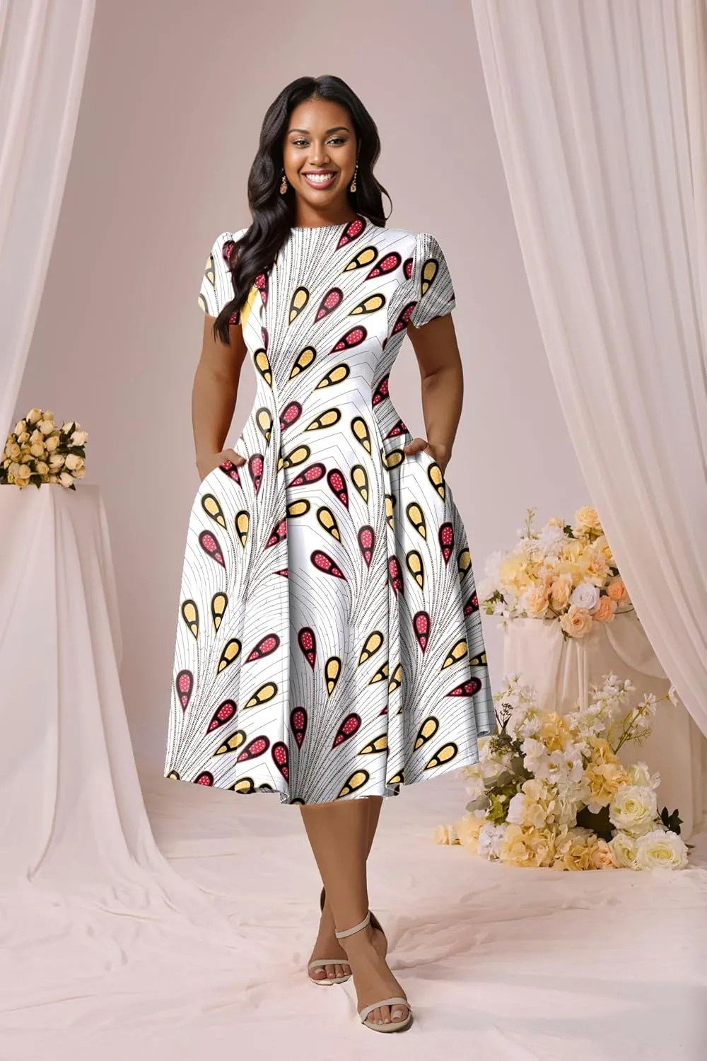 Runwind Plus Size Dresses for Curvy Women Fit and Flared Dress Casual Wedding Guest Crew Neck Short Sleeve A-Line Dress