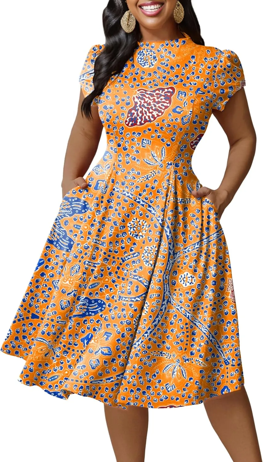 Runwind Plus Size Dresses for Curvy Women Fit and Flared Dress Casual Wedding Guest Crew Neck Short Sleeve A-Line Dress