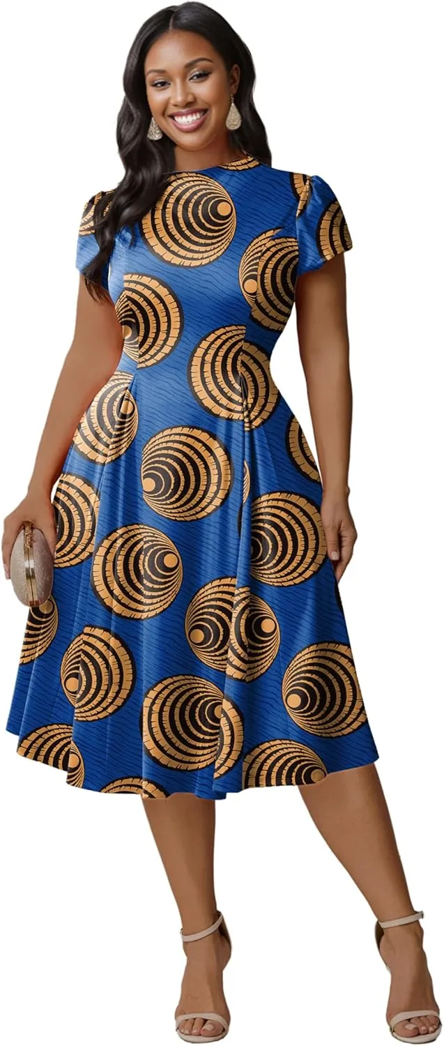 Runwind Plus Size Dresses for Curvy Women Fit and Flared Dress Casual Wedding Guest Crew Neck Short Sleeve A-Line Dress