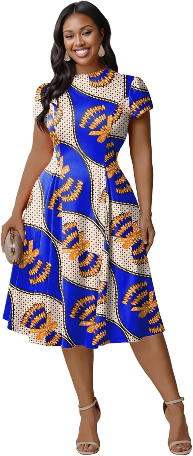 Runwind Plus Size Dresses for Curvy Women Fit and Flared Dress Casual Wedding Guest Crew Neck Short Sleeve A-Line Dress