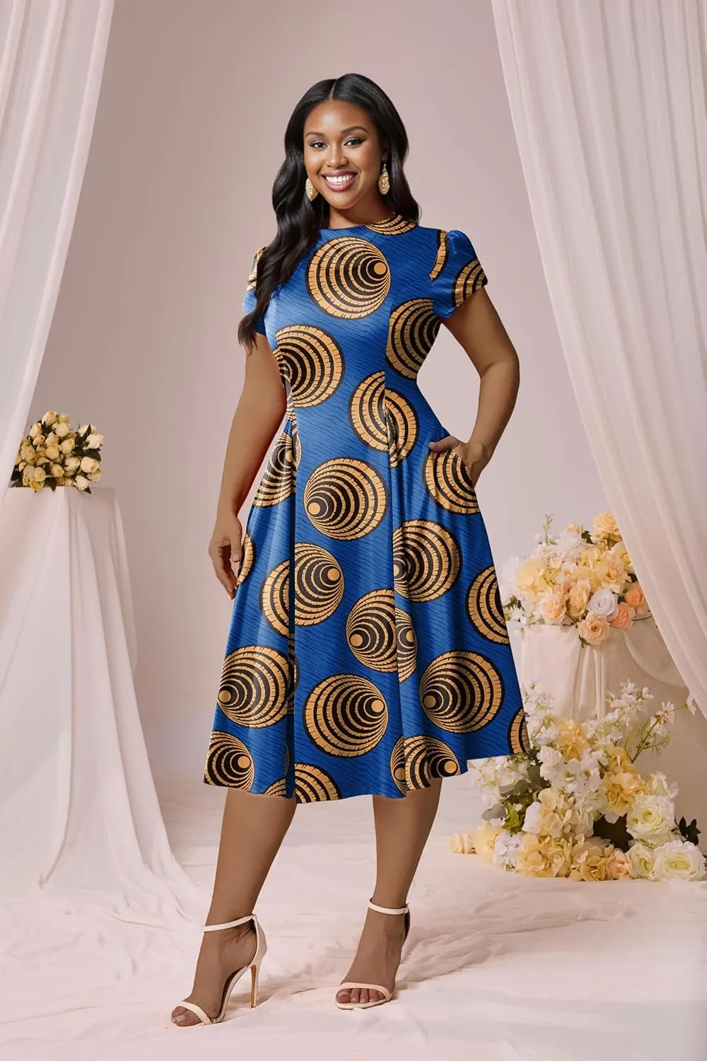 Runwind Plus Size Dresses for Curvy Women Fit and Flared Dress Casual Wedding Guest Crew Neck Short Sleeve A-Line Dress