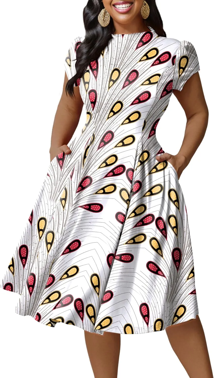 Runwind Plus Size Dresses for Curvy Women Fit and Flared Dress Casual Wedding Guest Crew Neck Short Sleeve A-Line Dress