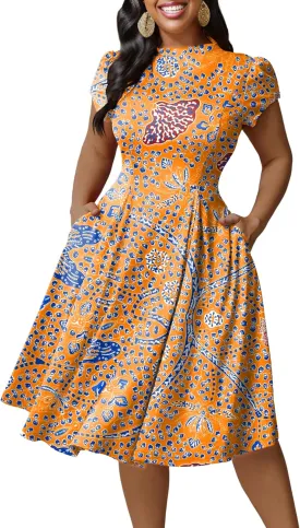 Runwind Plus Size Dresses for Curvy Women Fit and Flared Dress Casual Wedding Guest Crew Neck Short Sleeve A-Line Dress