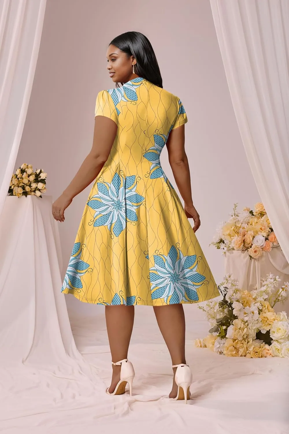 Runwind Plus Size Dresses for Curvy Women Fit and Flared Dress Casual Wedding Guest Crew Neck Short Sleeve A-Line Dress
