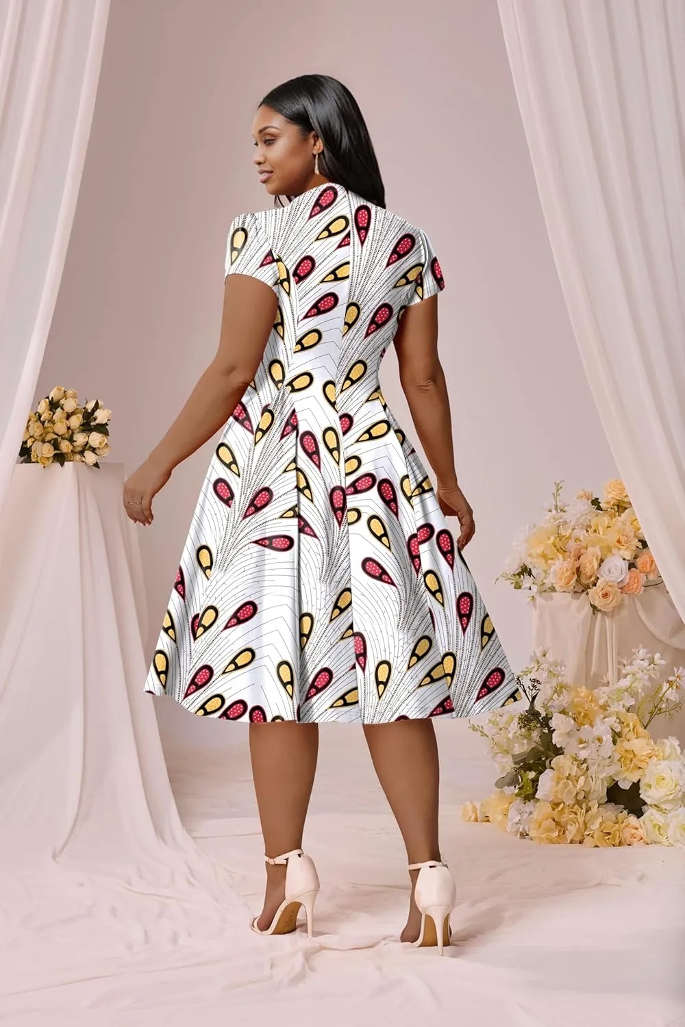 Runwind Plus Size Dresses for Curvy Women Fit and Flared Dress Casual Wedding Guest Crew Neck Short Sleeve A-Line Dress