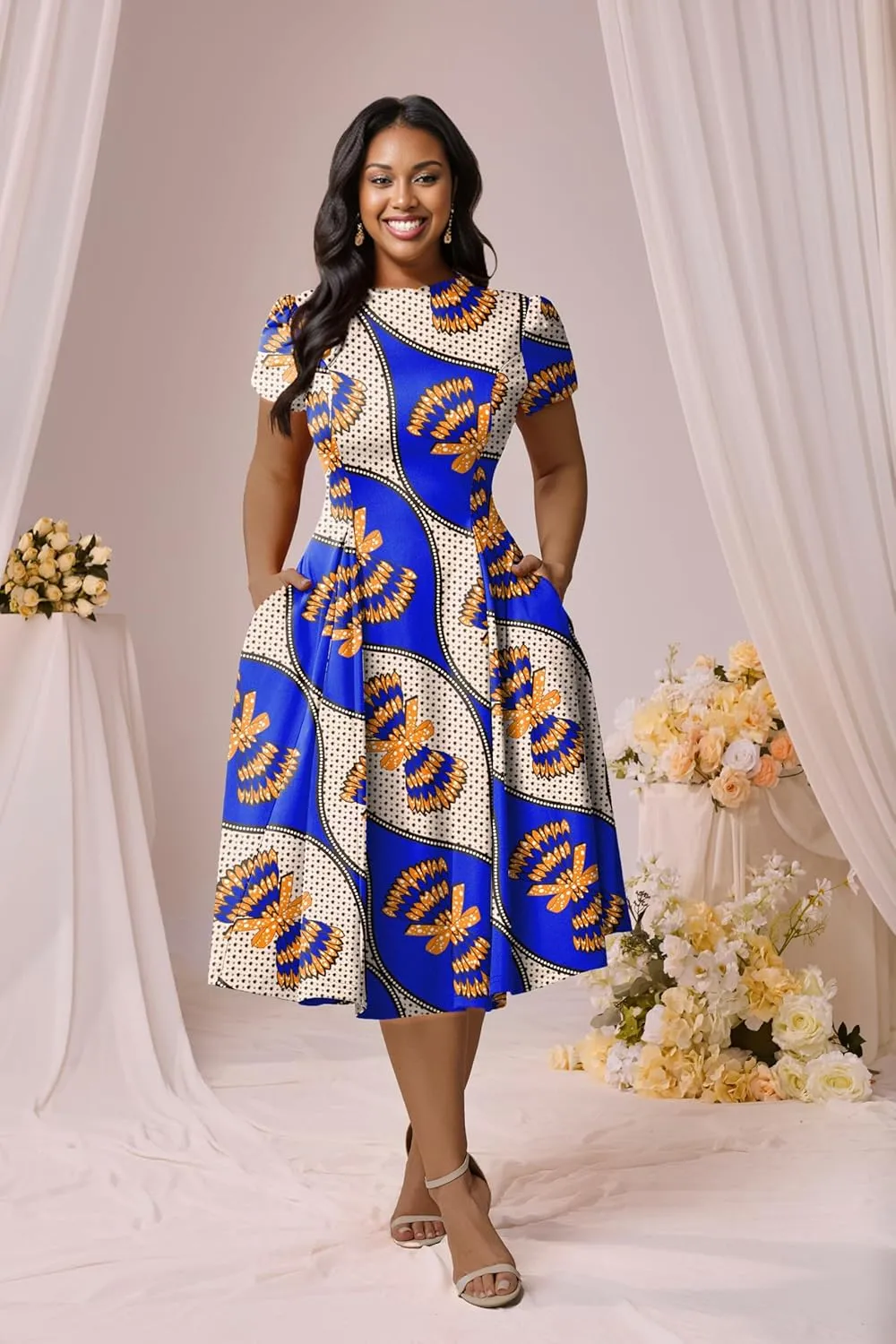 Runwind Plus Size Dresses for Curvy Women Fit and Flared Dress Casual Wedding Guest Crew Neck Short Sleeve A-Line Dress