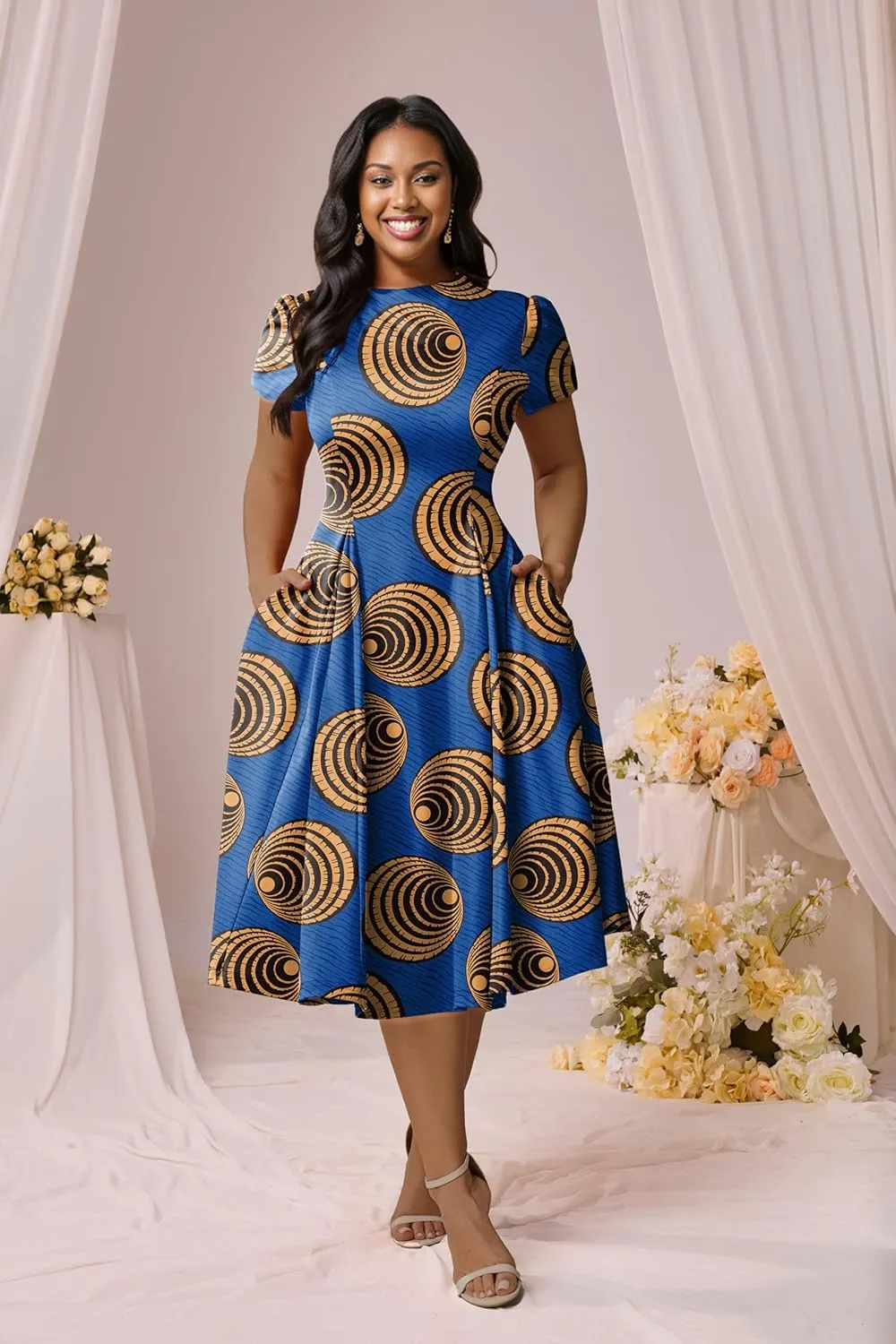 Runwind Plus Size Dresses for Curvy Women Fit and Flared Dress Casual Wedding Guest Crew Neck Short Sleeve A-Line Dress