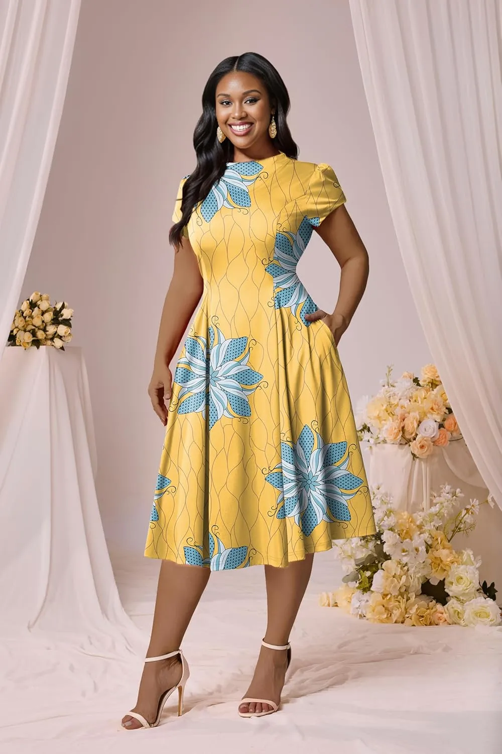 Runwind Plus Size Dresses for Curvy Women Fit and Flared Dress Casual Wedding Guest Crew Neck Short Sleeve A-Line Dress