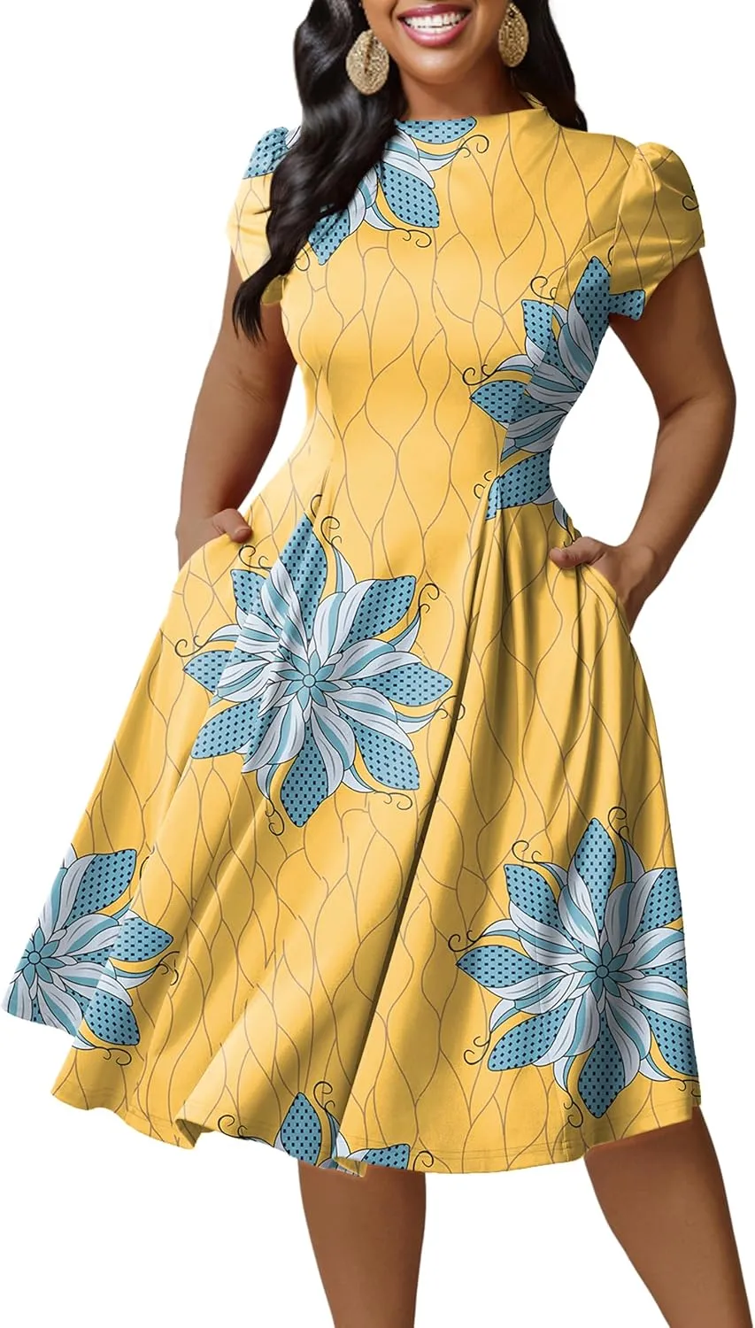 Runwind Plus Size Dresses for Curvy Women Fit and Flared Dress Casual Wedding Guest Crew Neck Short Sleeve A-Line Dress