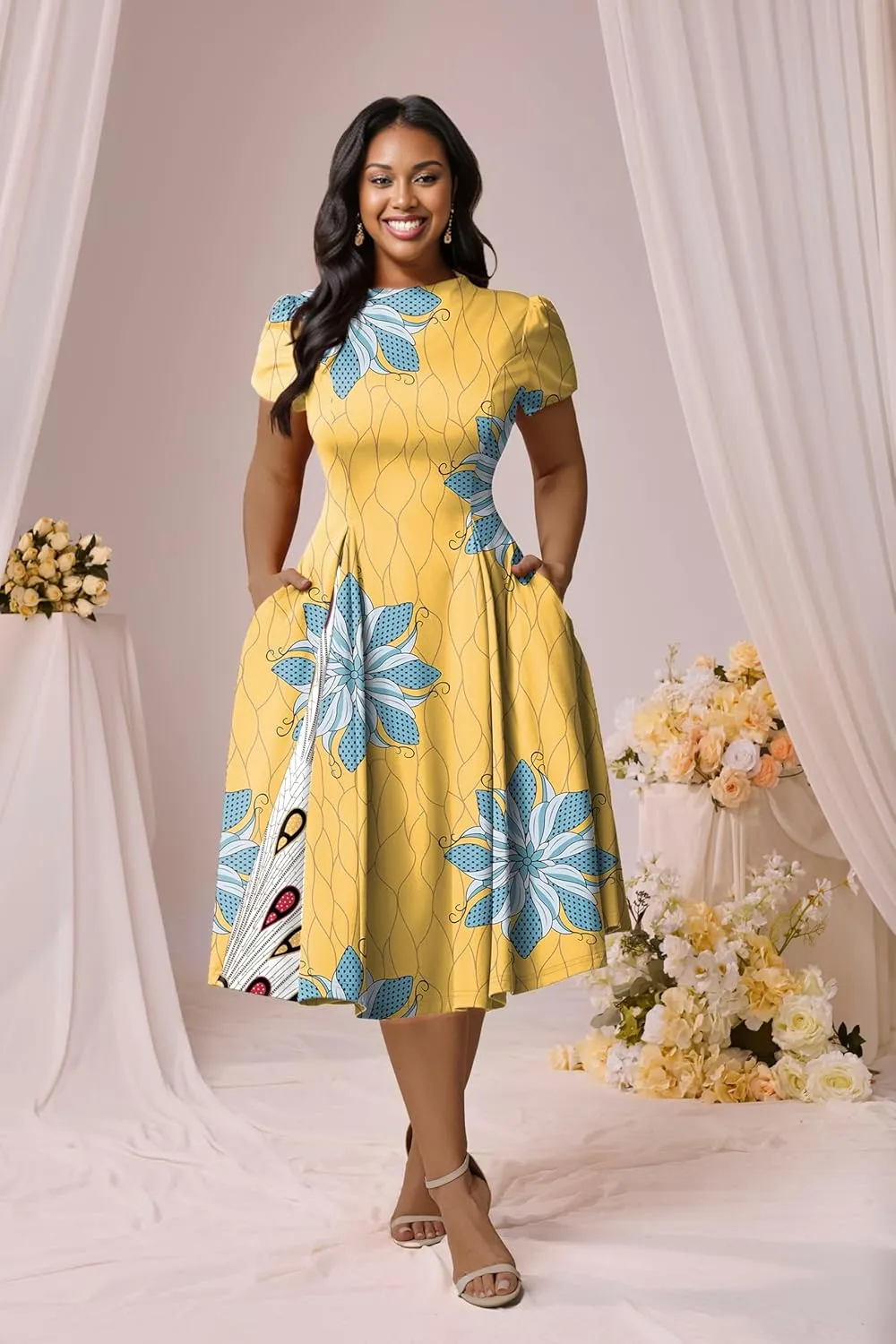 Runwind Plus Size Dresses for Curvy Women Fit and Flared Dress Casual Wedding Guest Crew Neck Short Sleeve A-Line Dress