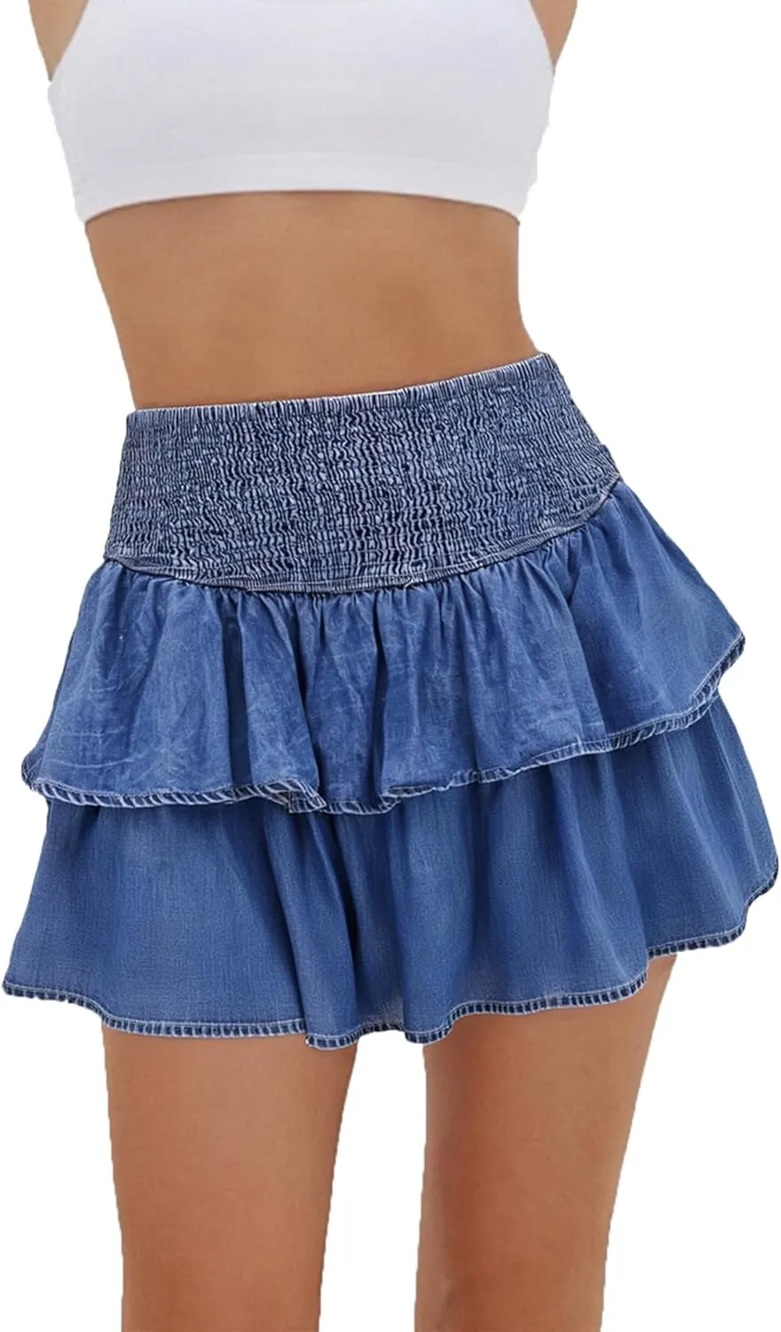 Shirred Denim Mini Skirt for Womens Y2K High Rise Ruffled Tiered Layer Short Jean Skirts A Line Pleated Skirts