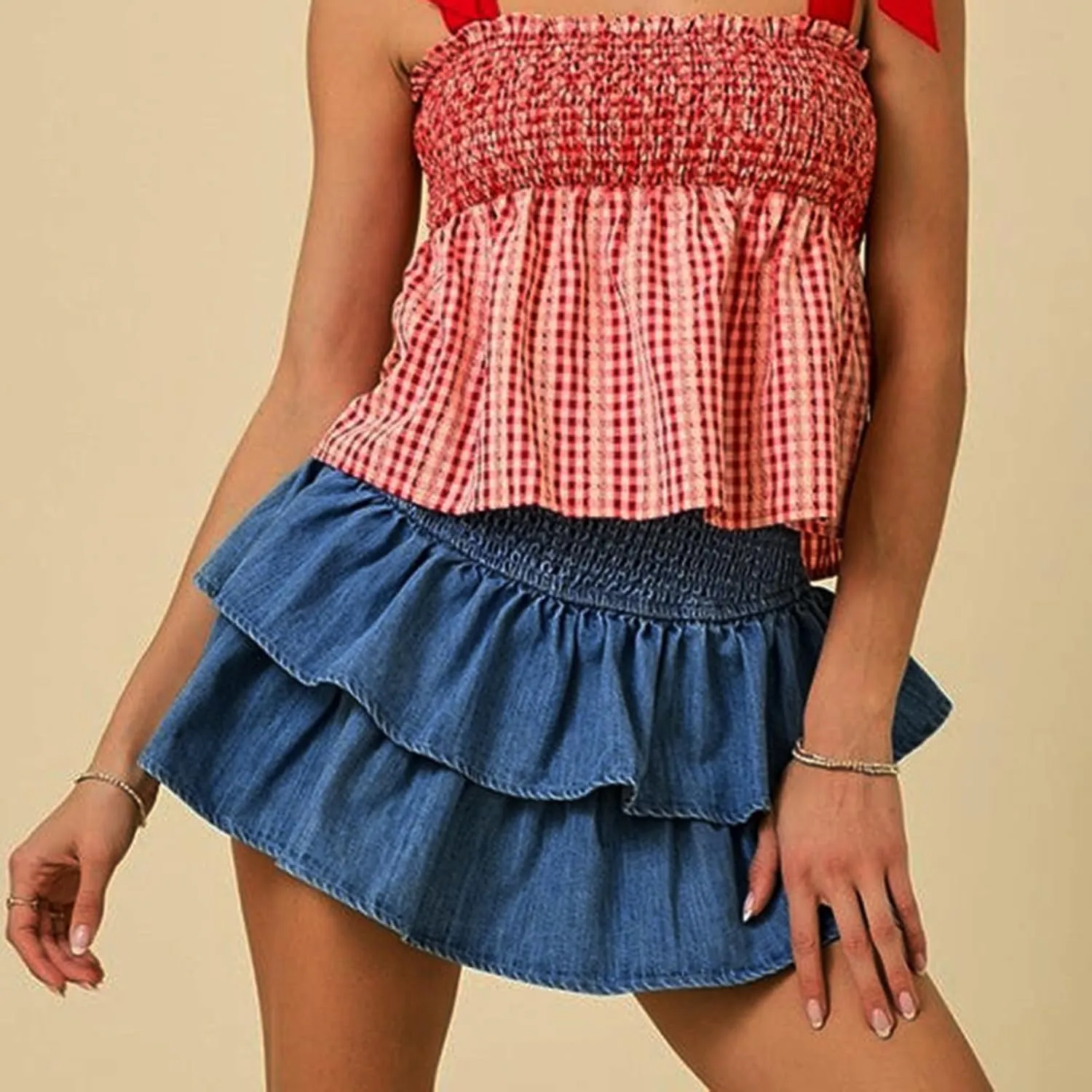 Shirred Denim Mini Skirt for Womens Y2K High Rise Ruffled Tiered Layer Short Jean Skirts A Line Pleated Skirts
