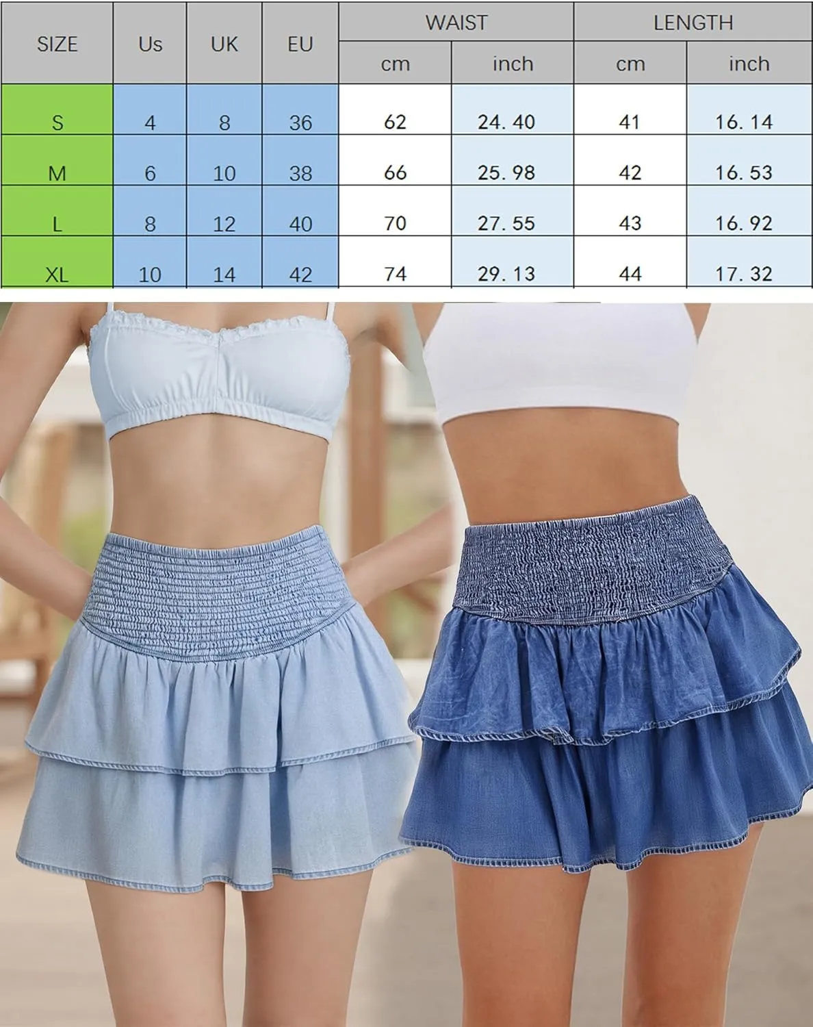 Shirred Denim Mini Skirt for Womens Y2K High Rise Ruffled Tiered Layer Short Jean Skirts A Line Pleated Skirts