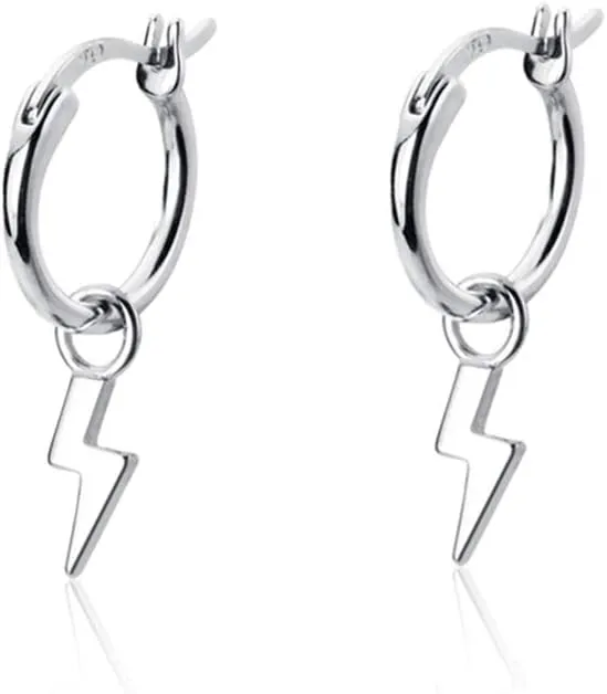 Small Lightning Bolt Dangle Hoop Earrings for Women Girls Sterling Silver Dipped Huggie Personalized Drop Clip Hypoallergenic Stud Delicate Charm Punk Fashion Jewelry Chic Silver-Tone