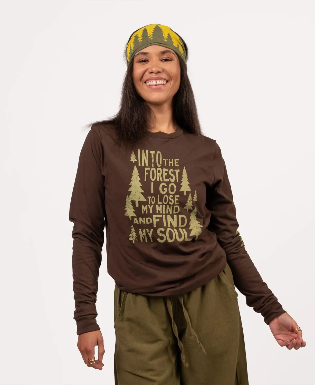 Soul Flower Unisex Into The Forest Organic Cotton Long Sleeve T-Shirt, Brown Crew Neck Tee for Men and Women