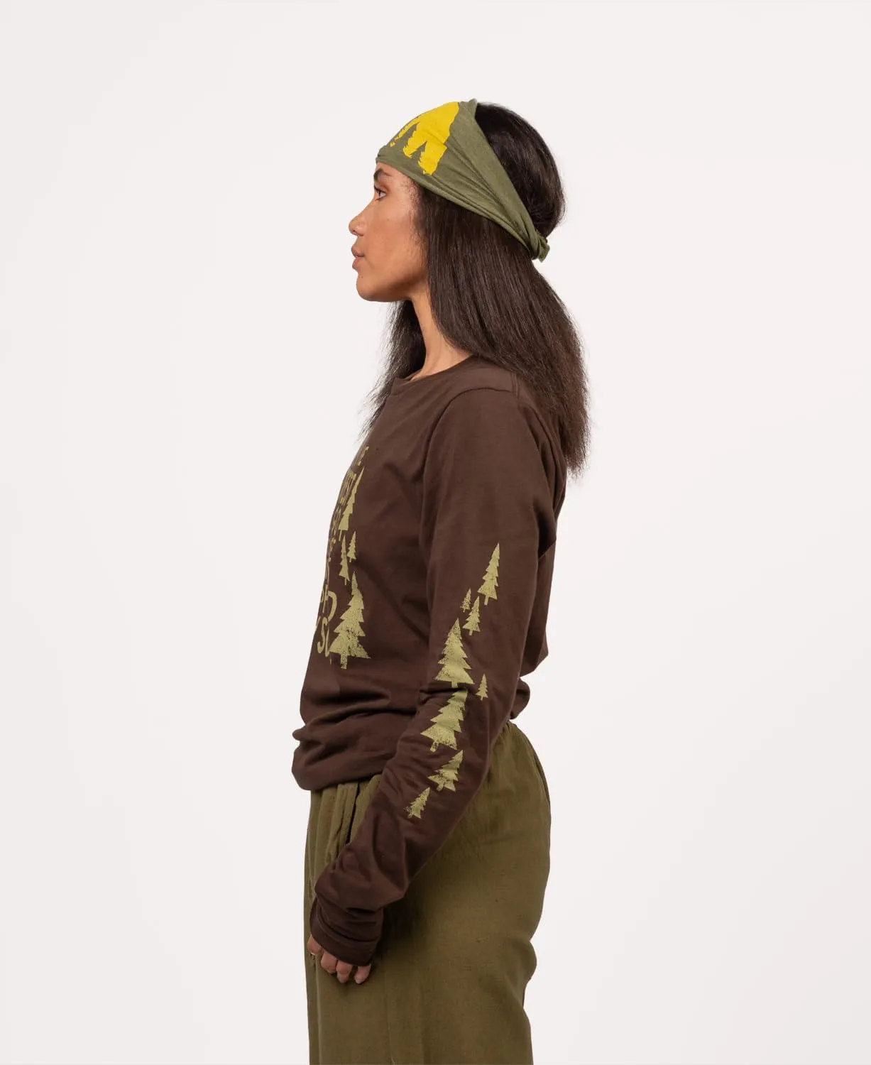 Soul Flower Unisex Into The Forest Organic Cotton Long Sleeve T-Shirt, Brown Crew Neck Tee for Men and Women