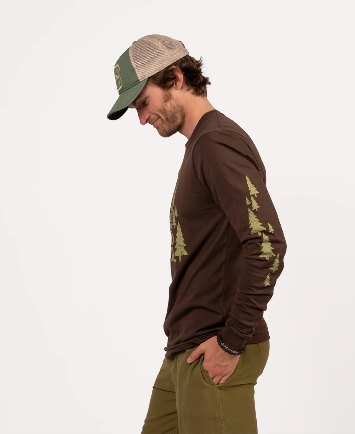 Soul Flower Unisex Into The Forest Organic Cotton Long Sleeve T-Shirt, Brown Crew Neck Tee for Men and Women