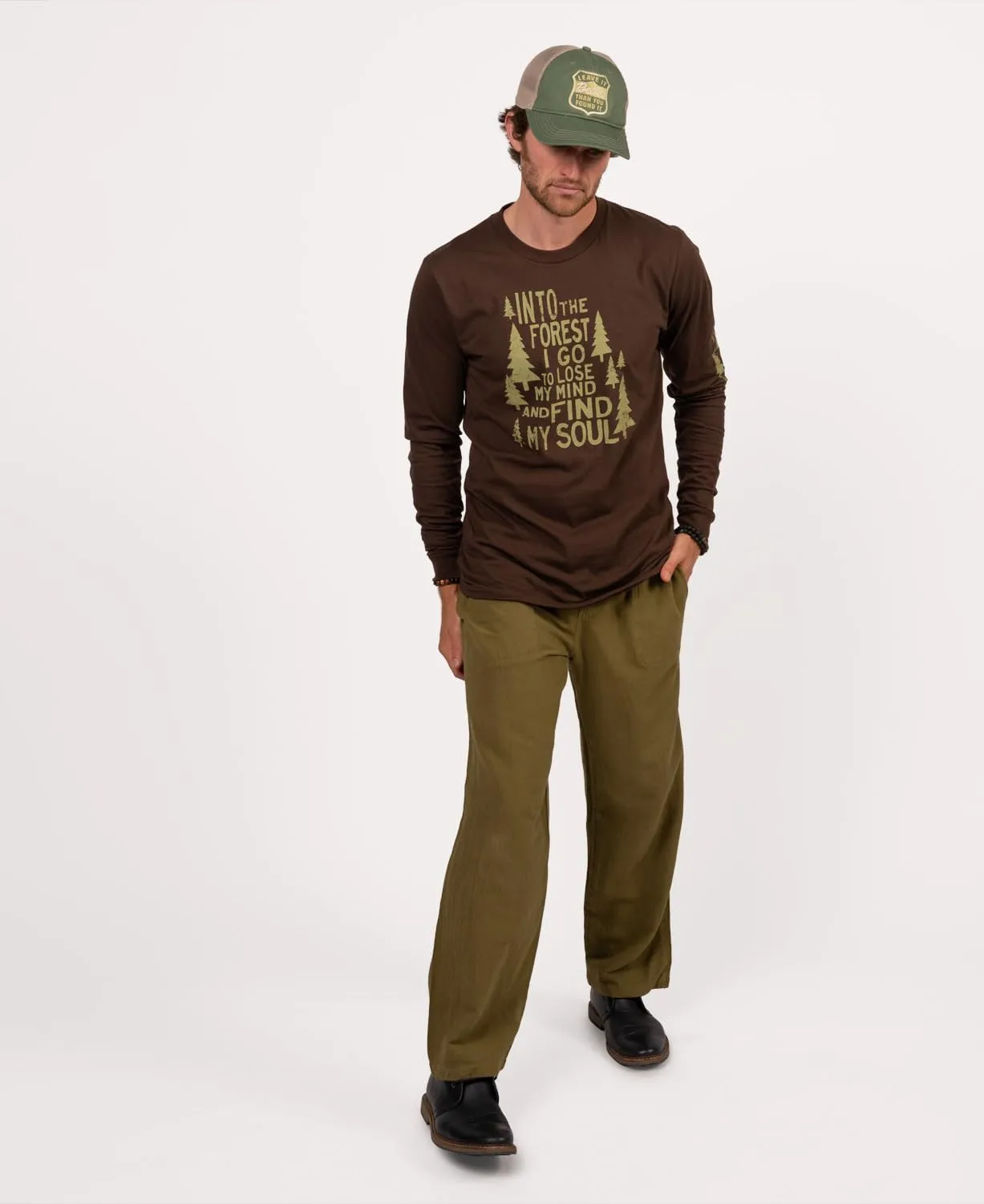 Soul Flower Unisex Into The Forest Organic Cotton Long Sleeve T-Shirt, Brown Crew Neck Tee for Men and Women