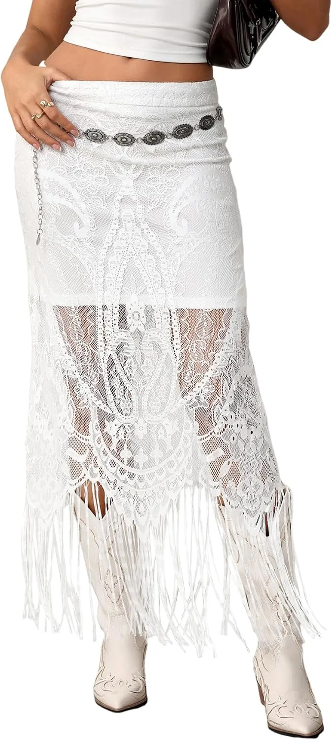 SweatyRocks Women's High Waisted Floral Lace Sheer Mesh Mermaid Maxi Skirt