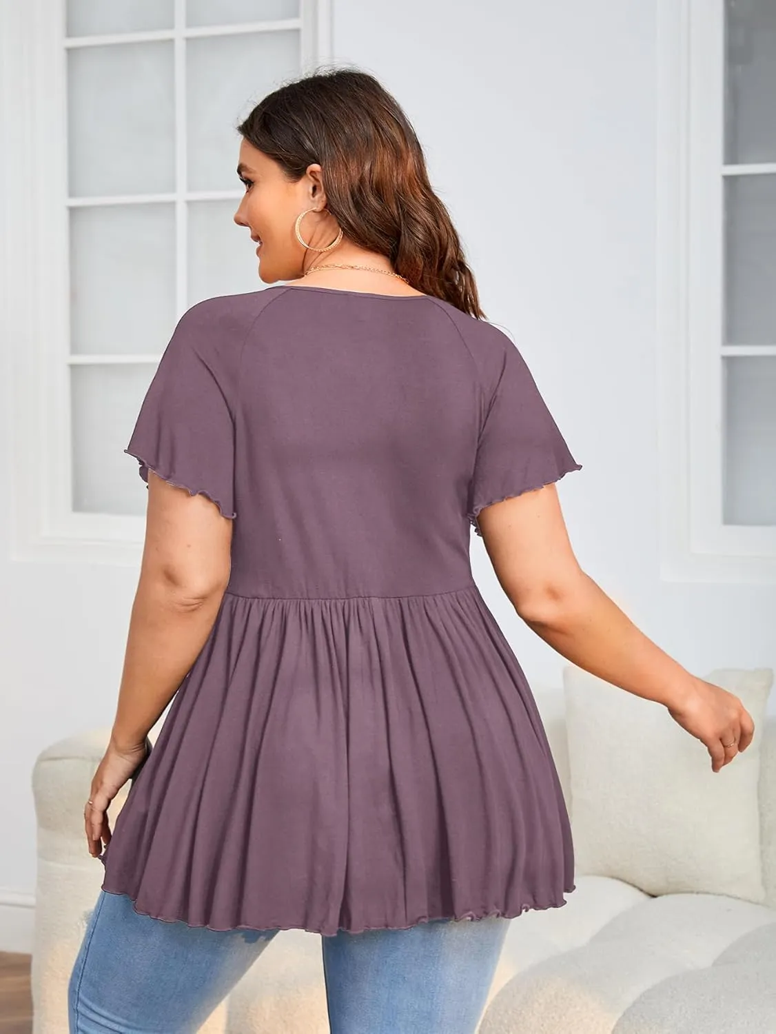 SweatyRocks Women's Plus Size Short Sleeve Deep V Neck Ruffle Hem Blouse Pleated Flared Peplum Top