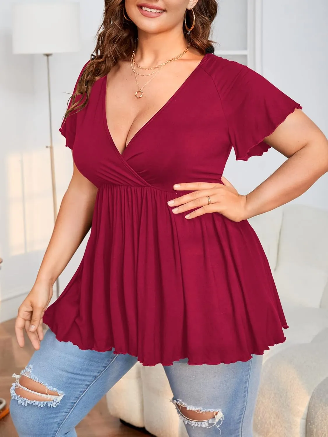 SweatyRocks Women's Plus Size Short Sleeve Deep V Neck Ruffle Hem Blouse Pleated Flared Peplum Top