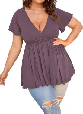 SweatyRocks Women's Plus Size Short Sleeve Deep V Neck Ruffle Hem Blouse Pleated Flared Peplum Top