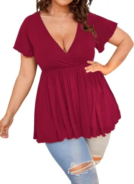 SweatyRocks Women's Plus Size Short Sleeve Deep V Neck Ruffle Hem Blouse Pleated Flared Peplum Top