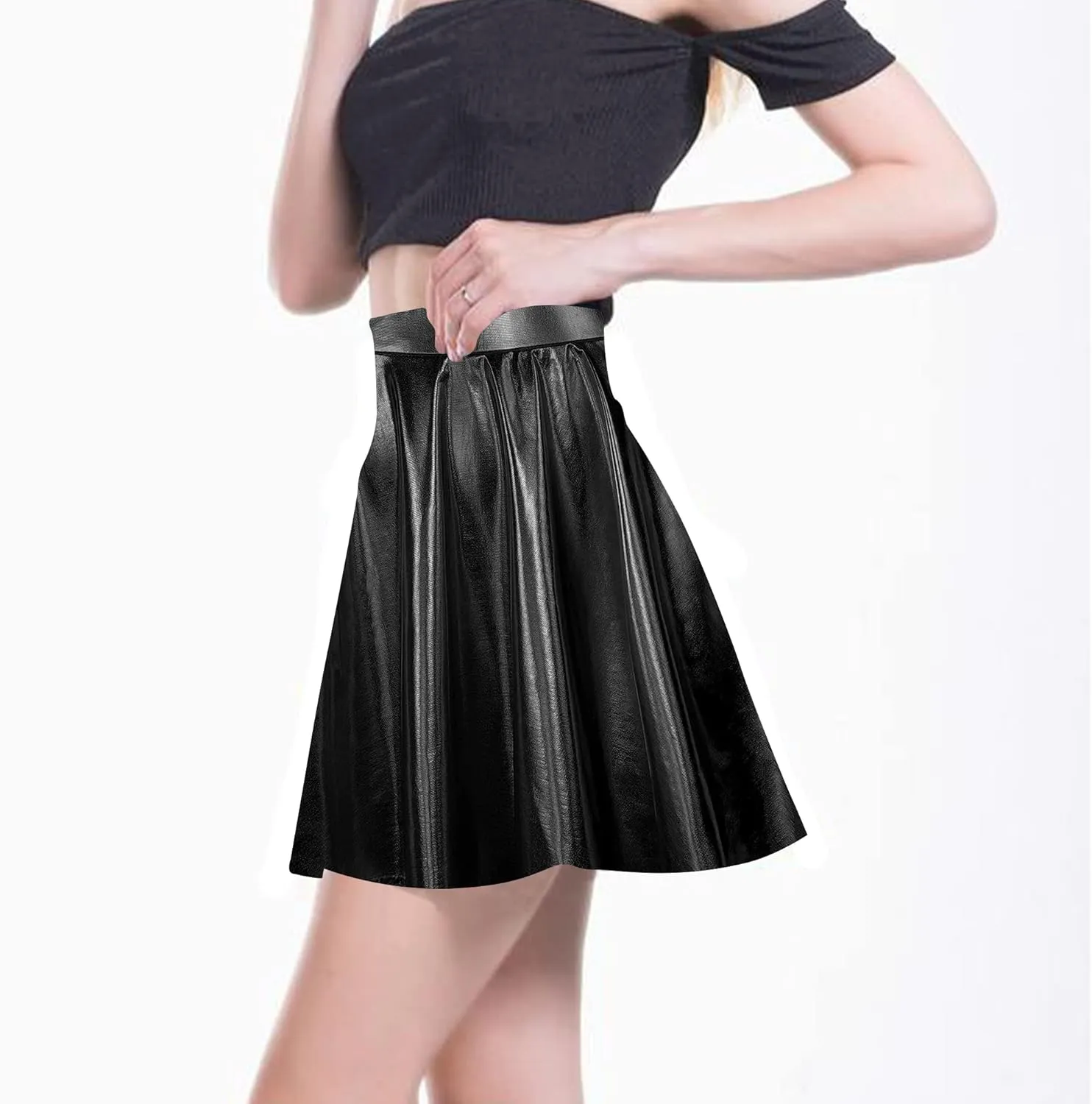 UTTPLL Women's Shiny Flared Metallic Holographic Pleated Mini Skater Skirt High Waist Costome Pleated Skirt