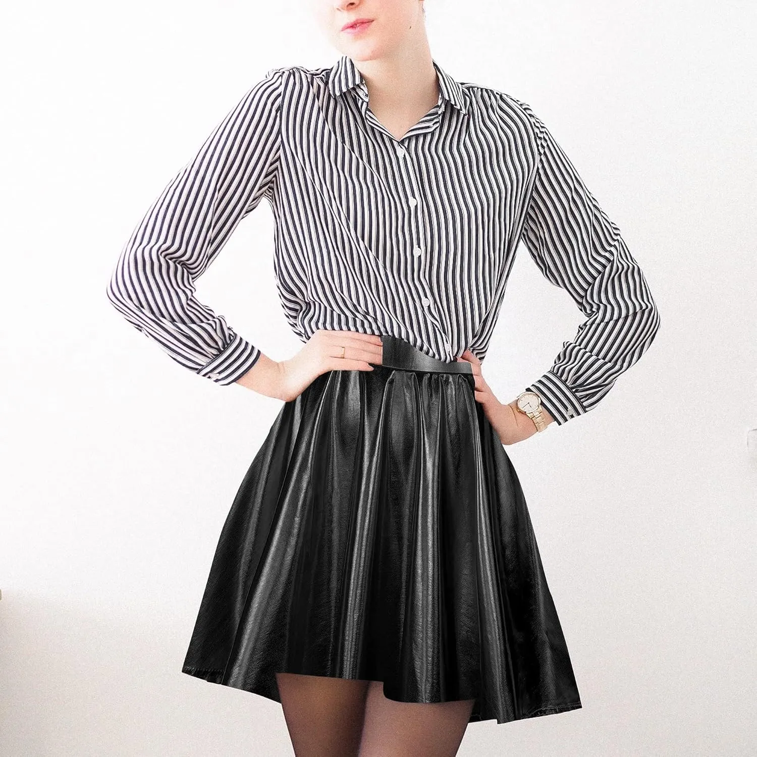 UTTPLL Women's Shiny Flared Metallic Holographic Pleated Mini Skater Skirt High Waist Costome Pleated Skirt