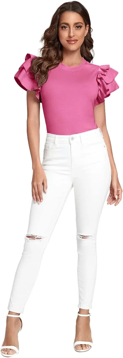 Verdusa Women's Layered Ruffle Butterfly Sleeve Round Neck Blouse Tee Top