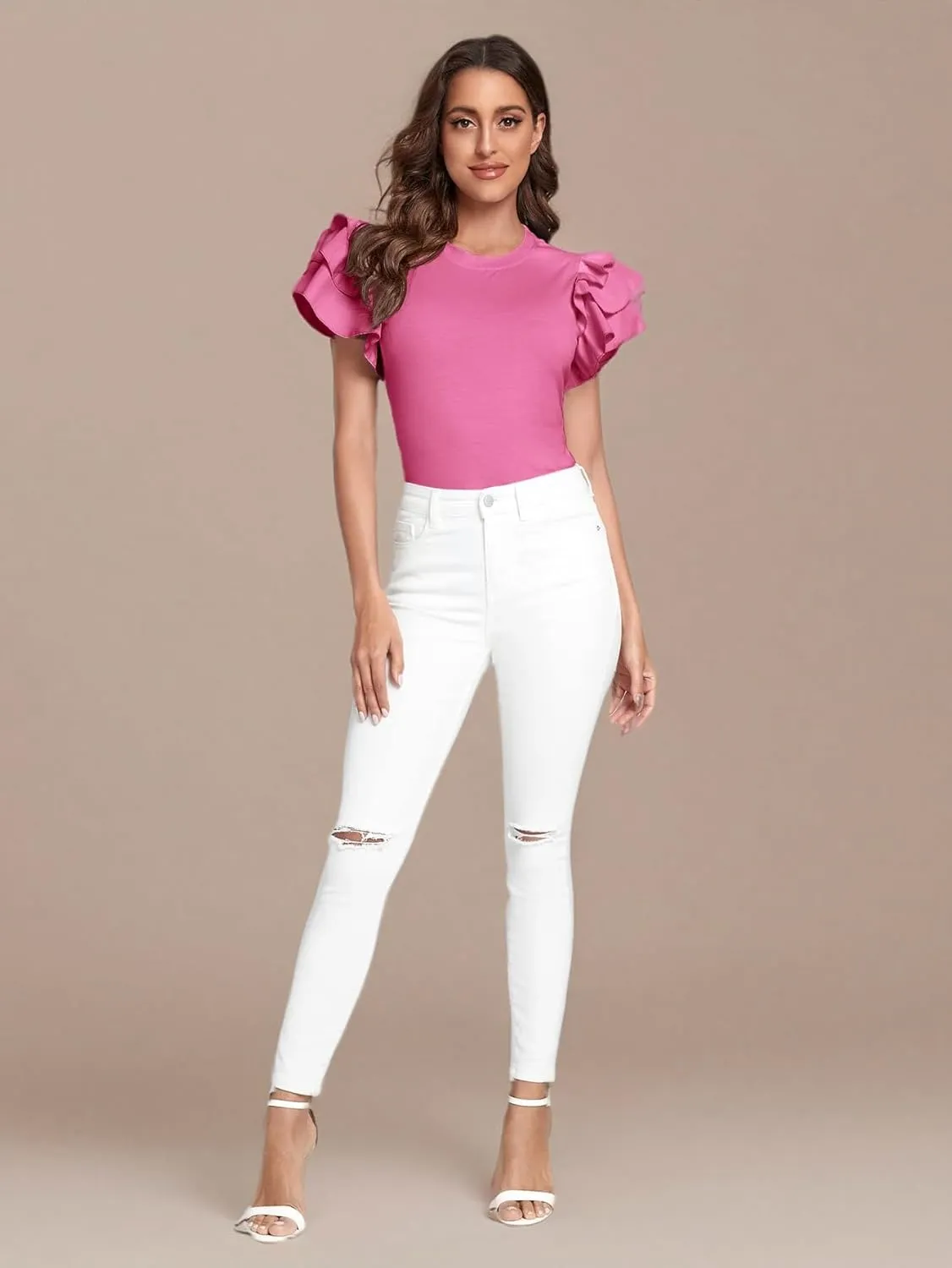 Verdusa Women's Layered Ruffle Butterfly Sleeve Round Neck Blouse Tee Top