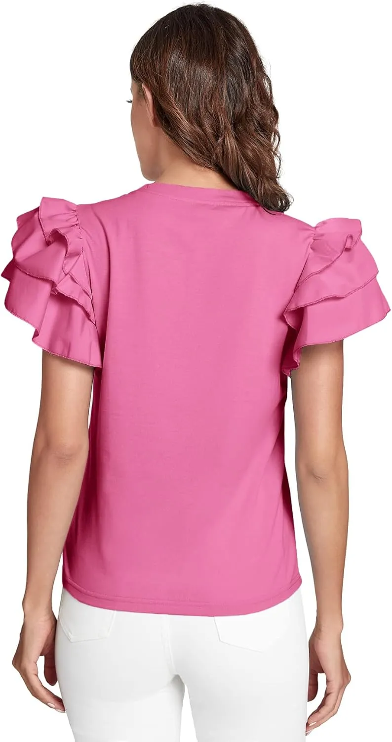 Verdusa Women's Layered Ruffle Butterfly Sleeve Round Neck Blouse Tee Top