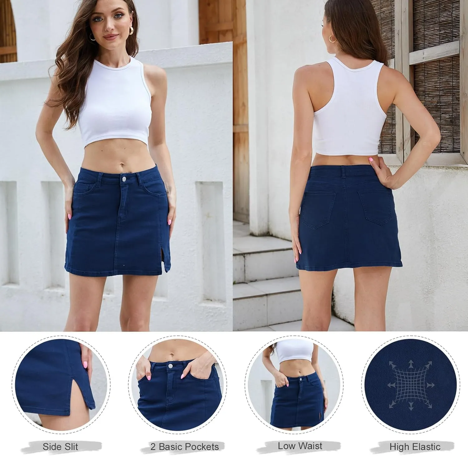 VIPONES Women Denim Skirt Mini Low Waist Stretchy Jean Skirt