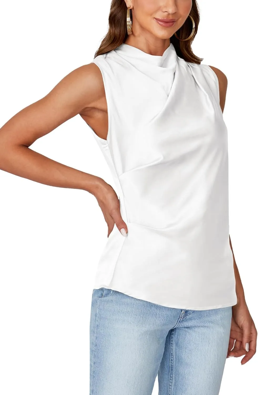 Vrtige Women's Satin Silky Mock Neck Ruched Front Sleeveless Tank Top Blouse Shirt