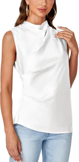 Vrtige Women's Satin Silky Mock Neck Ruched Front Sleeveless Tank Top Blouse Shirt