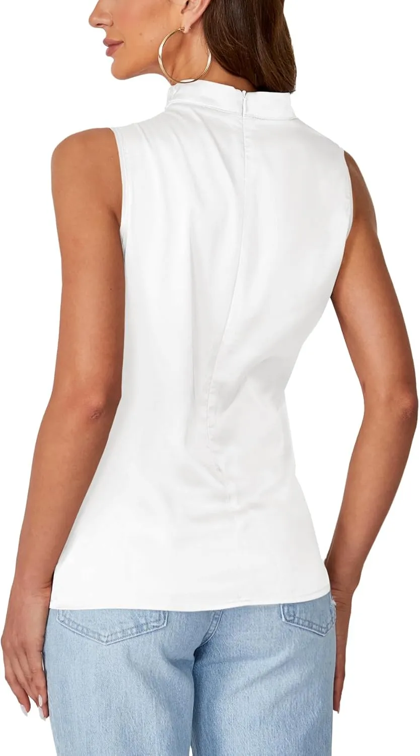 Vrtige Women's Satin Silky Mock Neck Ruched Front Sleeveless Tank Top Blouse Shirt