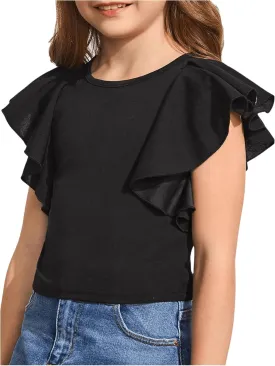 WDIRARA Girl's Ruffle Cap Sleeve Round Neck Cute Top T Shirt Solid Tee