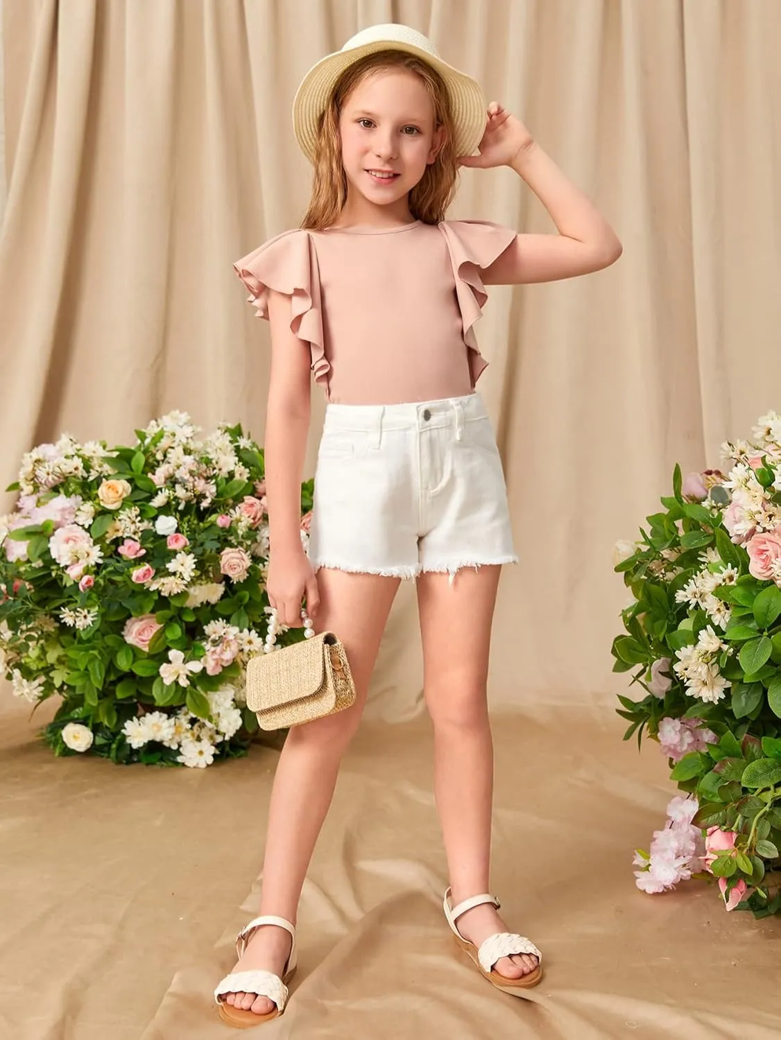 WDIRARA Girl's Ruffle Cap Sleeve Round Neck Cute Top T Shirt Solid Tee