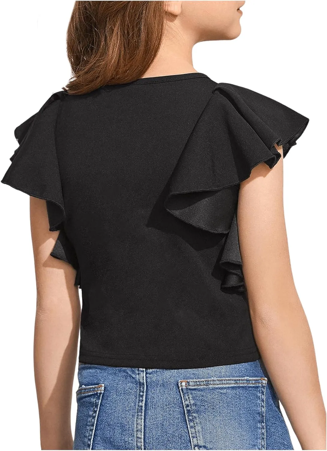 WDIRARA Girl's Ruffle Cap Sleeve Round Neck Cute Top T Shirt Solid Tee