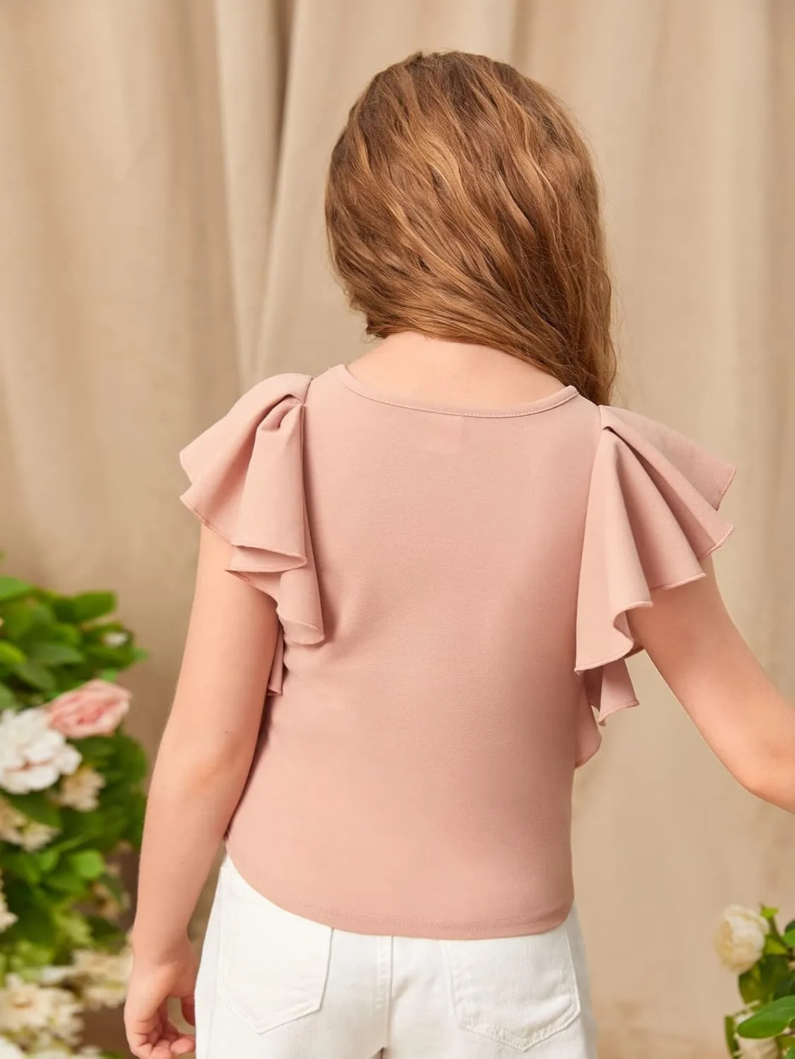 WDIRARA Girl's Ruffle Cap Sleeve Round Neck Cute Top T Shirt Solid Tee