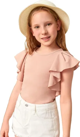 WDIRARA Girl's Ruffle Cap Sleeve Round Neck Cute Top T Shirt Solid Tee
