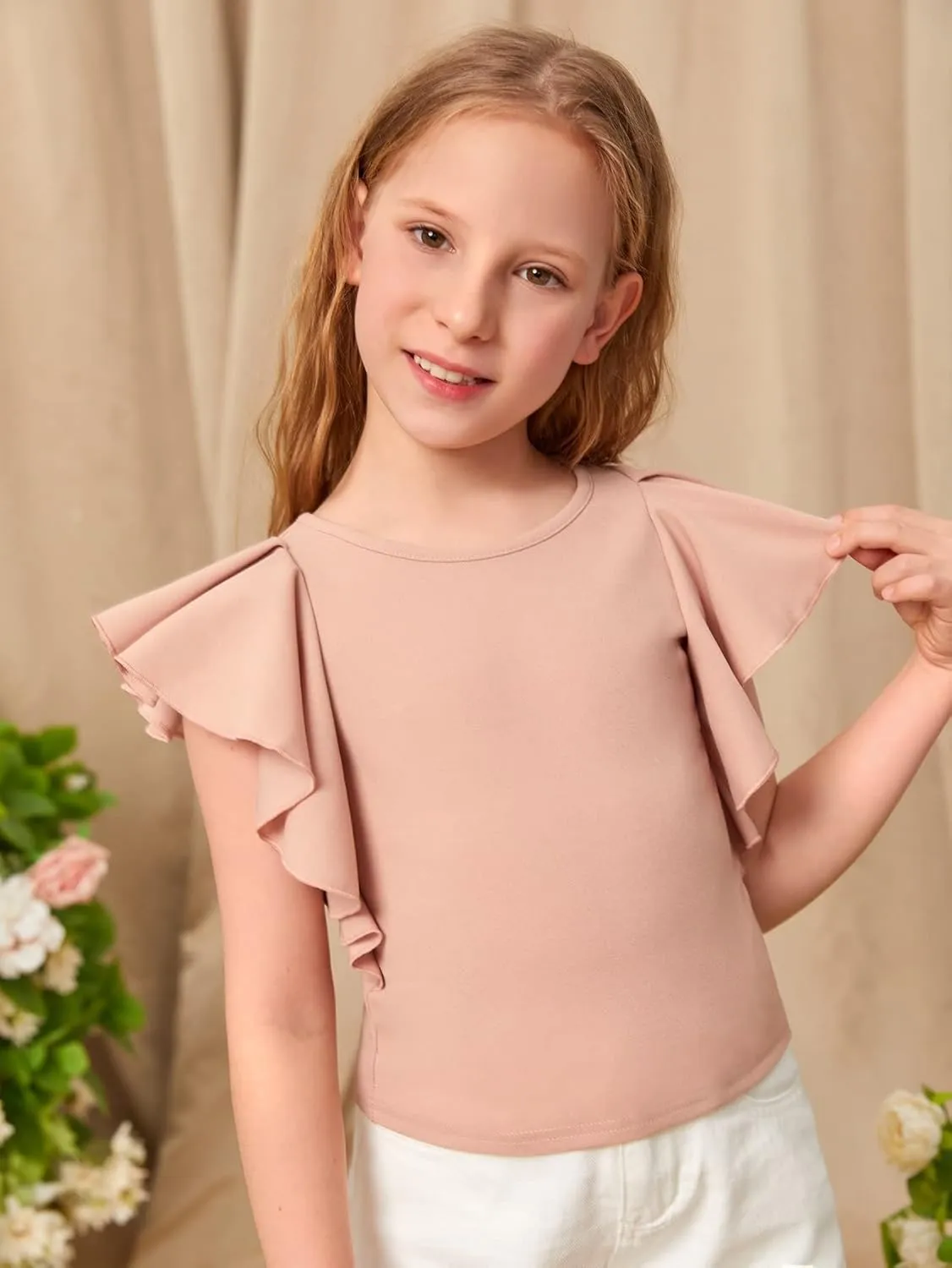 WDIRARA Girl's Ruffle Cap Sleeve Round Neck Cute Top T Shirt Solid Tee