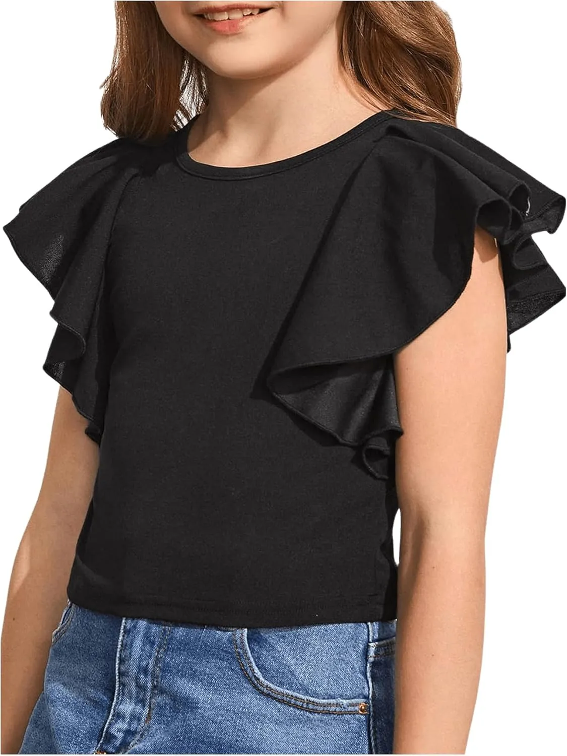 WDIRARA Girl's Ruffle Cap Sleeve Round Neck Cute Top T Shirt Solid Tee