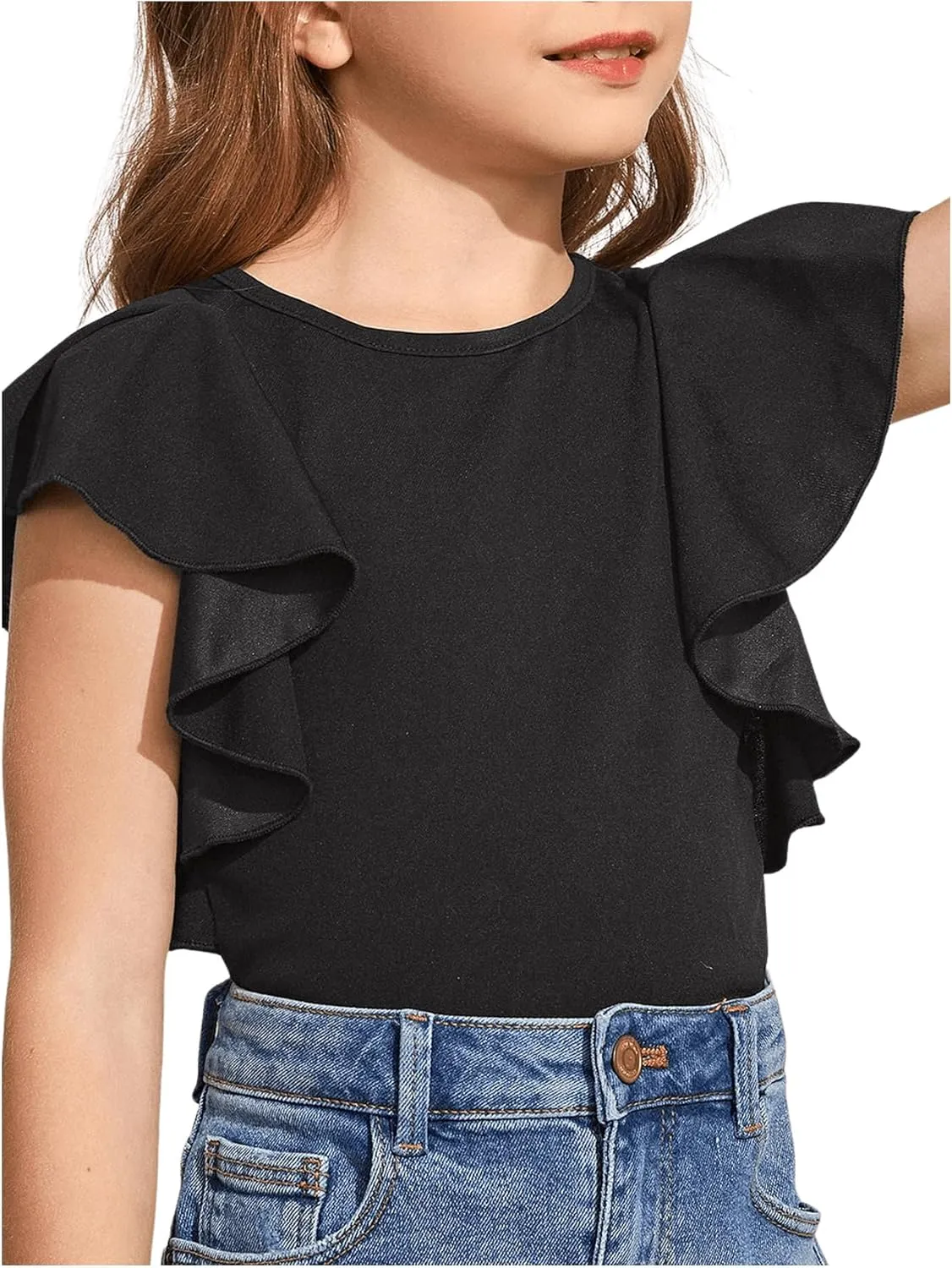 WDIRARA Girl's Ruffle Cap Sleeve Round Neck Cute Top T Shirt Solid Tee