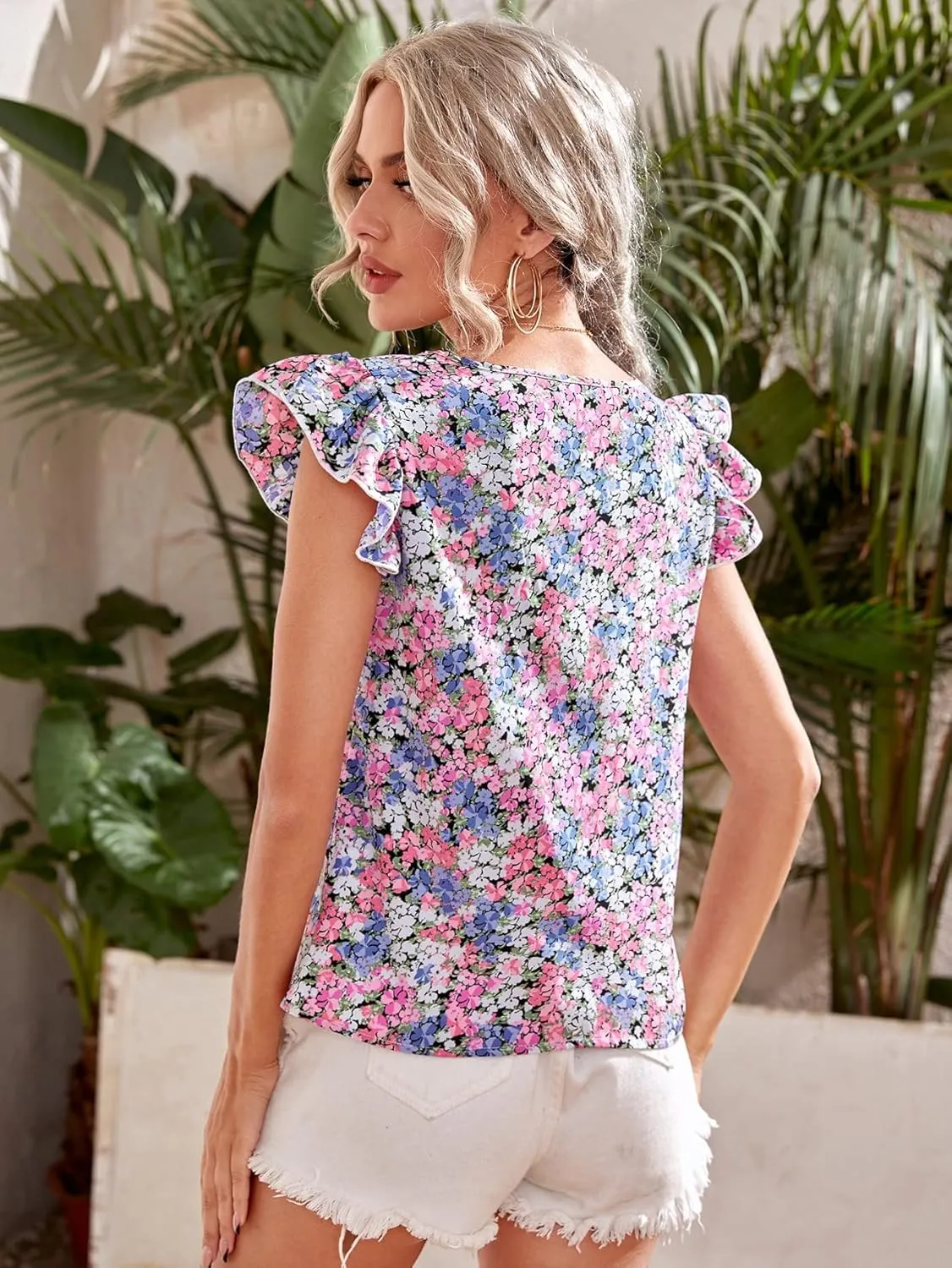 WDIRARA Women's Floral Embroidery Round Neck Ruffle Cap Sleeve Top Summer Casual Blouse